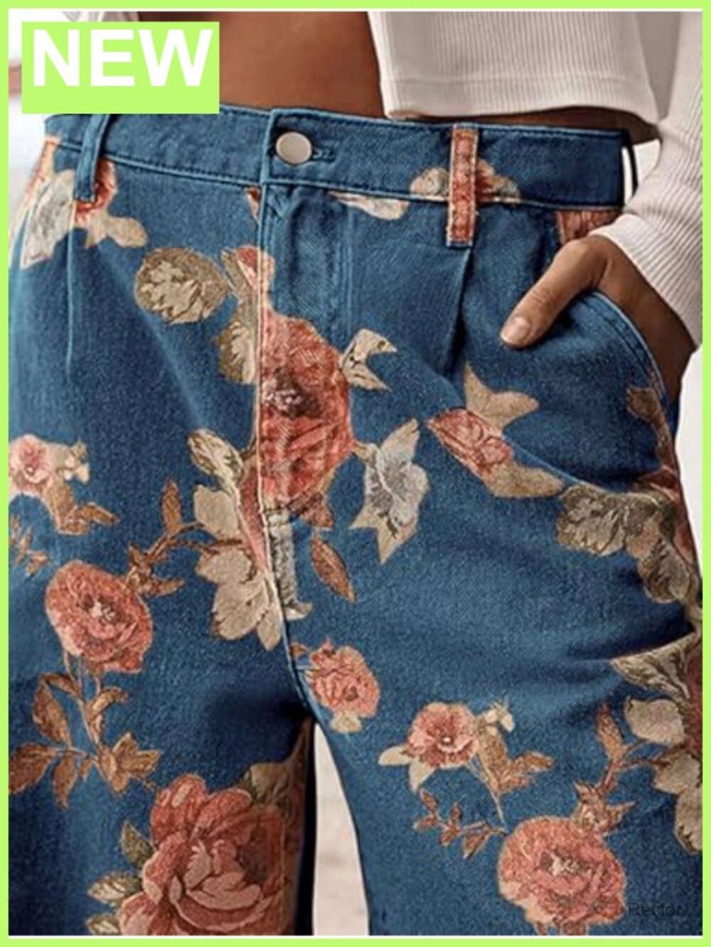 Mid Rise Cropped Wide Leg Floral Jeans Baggy Ankle Denim Capris - Picture 4 of 6